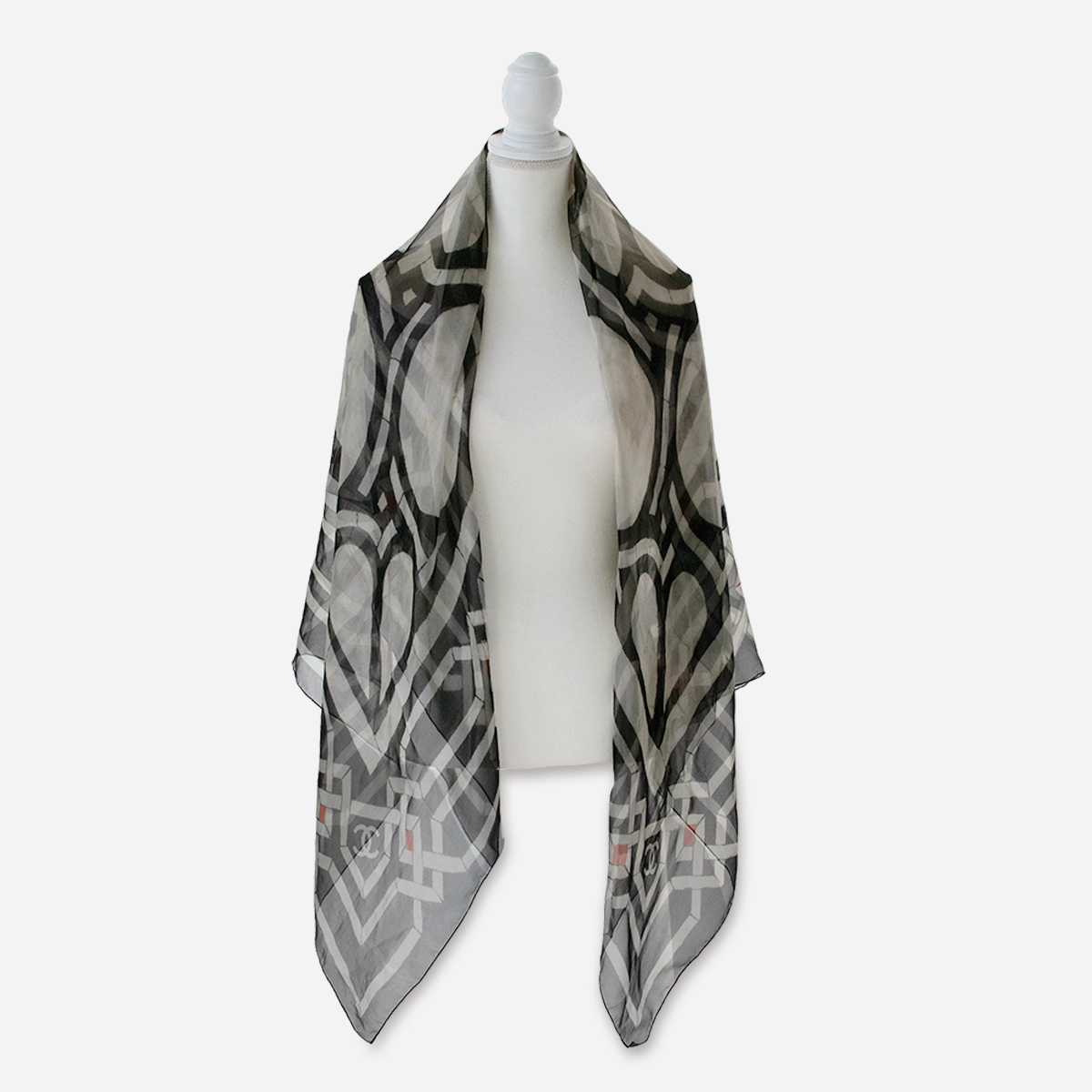 vintage chanel shawl scarf Vintage Chanel silk scarf shawl with geometric black and cream print.