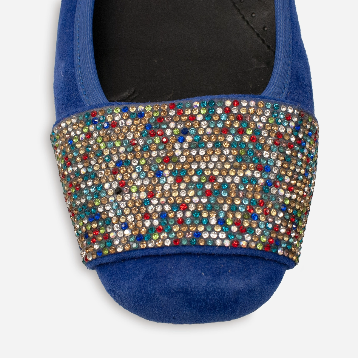 vintage jeweled shoes 9N. Close-up of rhinestone crystal detailing on 1980s Vaneli blue flats