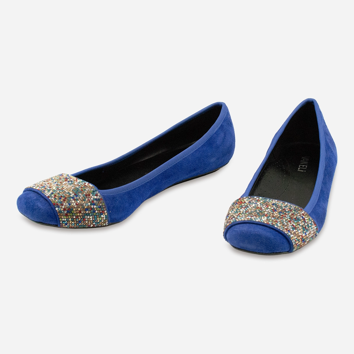 Cobalt blue suede Vaneli flats with multicolor rhinestone vamp