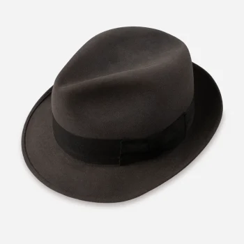 Top view of vintage gray fedora crown with center crease.