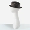 1960s mens herringbone black trilby Side profile of vintage black trilby hat with snap brim