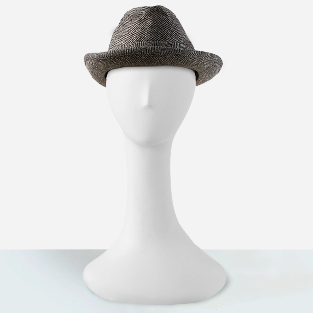 Vintage black herringbone trilby hat front view on mannequin