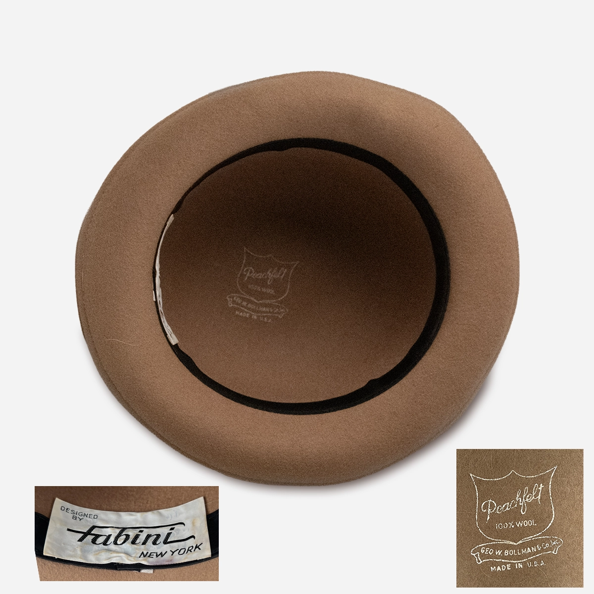 Fabini New York Bollman Peachfelt hat Vintage Fabini New York hat label Peachfelt derby made in USA.