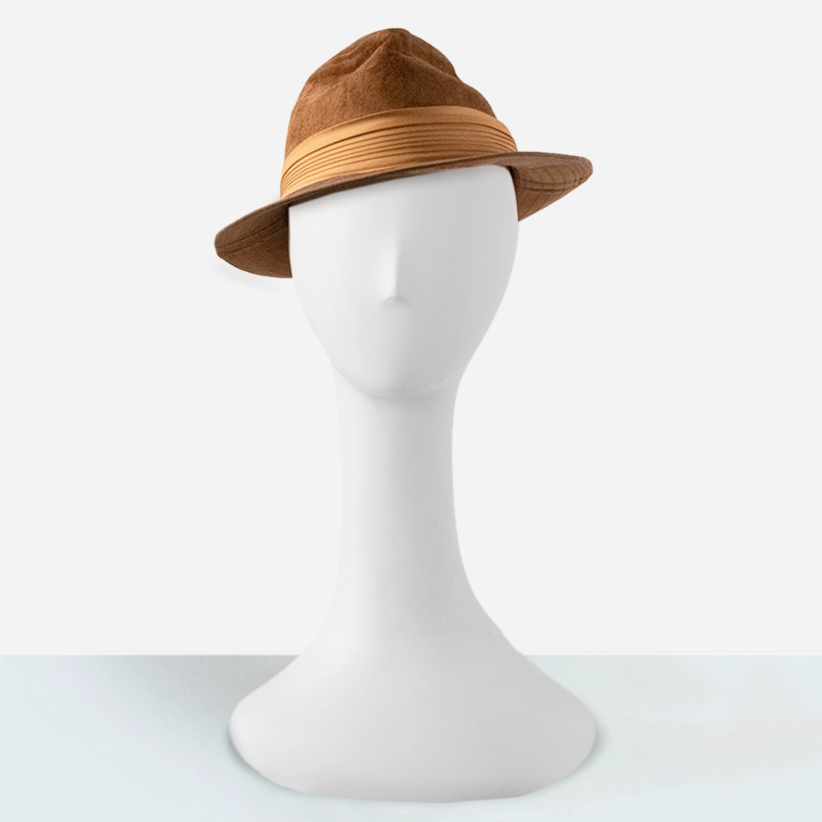 Kangol genuine suede trilby hat on mannequin, front view.