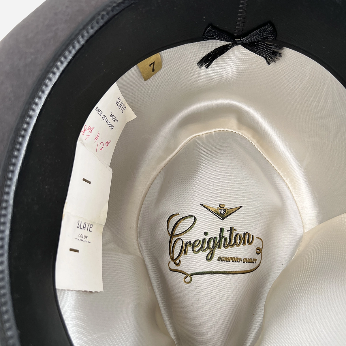 Vintage Creighton Atlas Fedora label Creighton logo label inside vintage gray fedora.