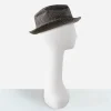 Vintage black herringbone trilby Angled view of 1970s black herringbone trilby hat with narrow brim