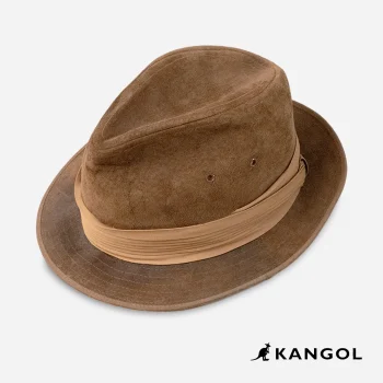 Vintage Kangol brown suede trilby hat with pleated silk band.