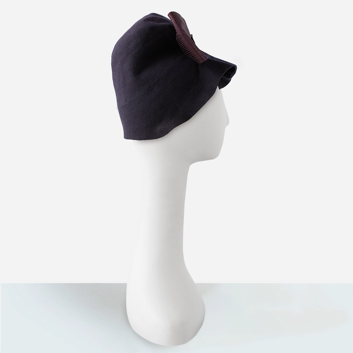 1950s draped cloche hat by Archie Eason in navy wool felt