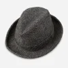 vintage black herringbone hat Top view of vintage black herringbone trilby hat with center-dent crown