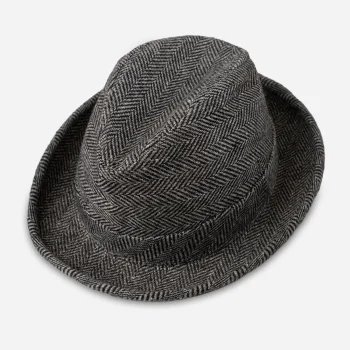 Top view of vintage black herringbone trilby hat with center-dent crown