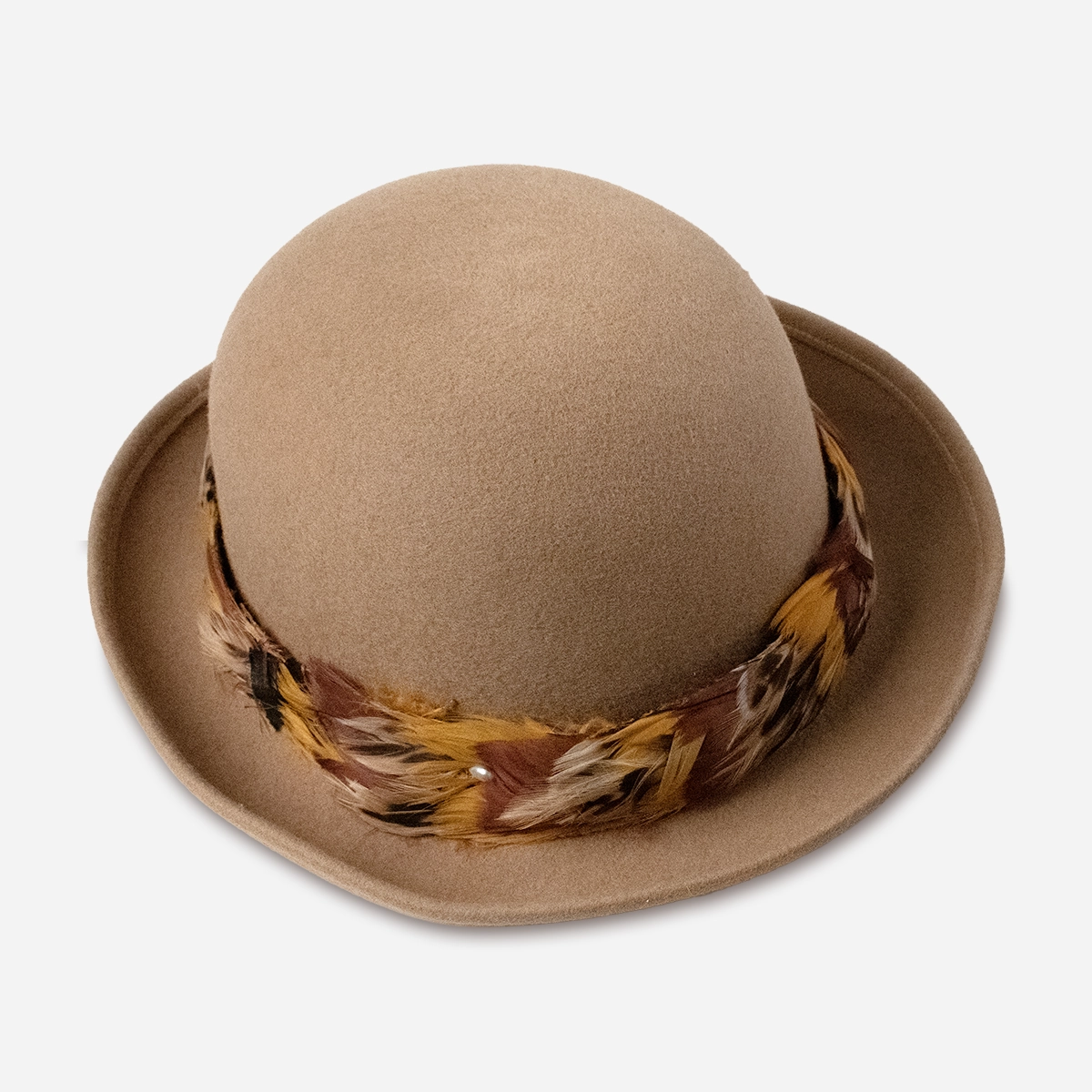 vintage fabini wool pheasant feather hat op view of 1970s Fabini wool bowler hat