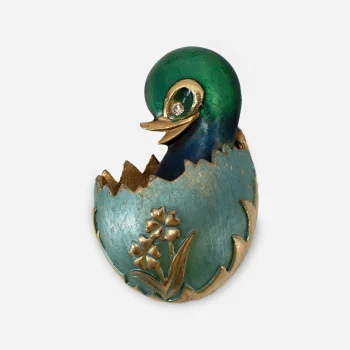 Vintage chick in egg brooch with blue and green enamel and crystal eye.