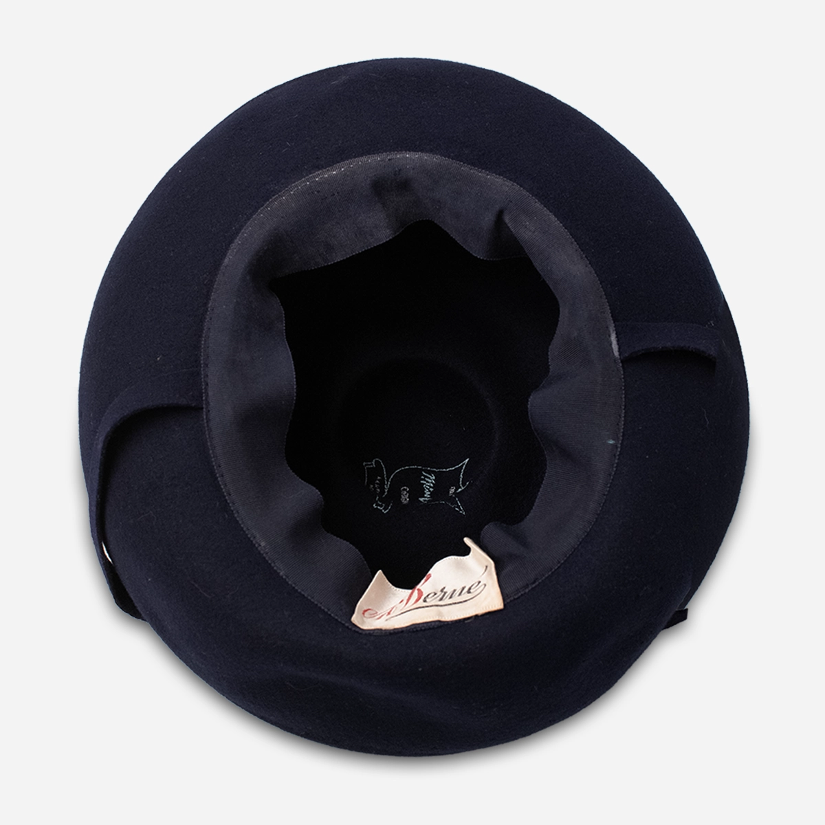 Interior of vintage M Berne Breton hat with ribbon sweatband.