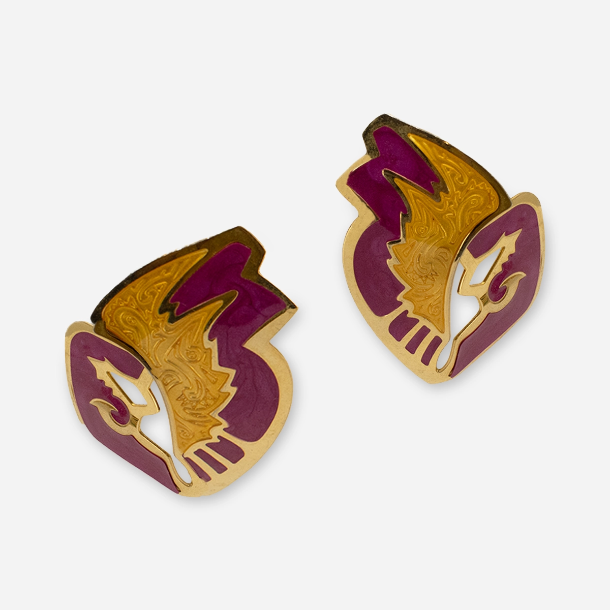 1980s statement earrings 1980s gold and purple enamel abstract statement clip earrings front view