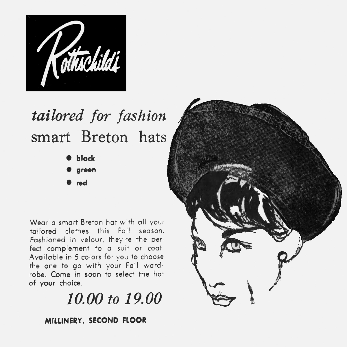 Breton hat ad 1966 Rothchilds Department store