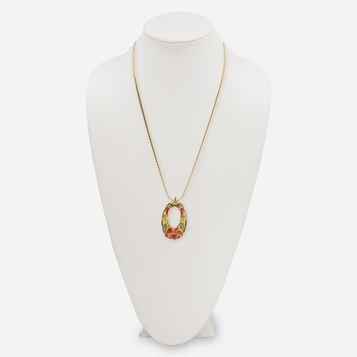 Barrera for Avon enamel floral pendant necklace with orange yellow and green flowers on Trifari gold chain