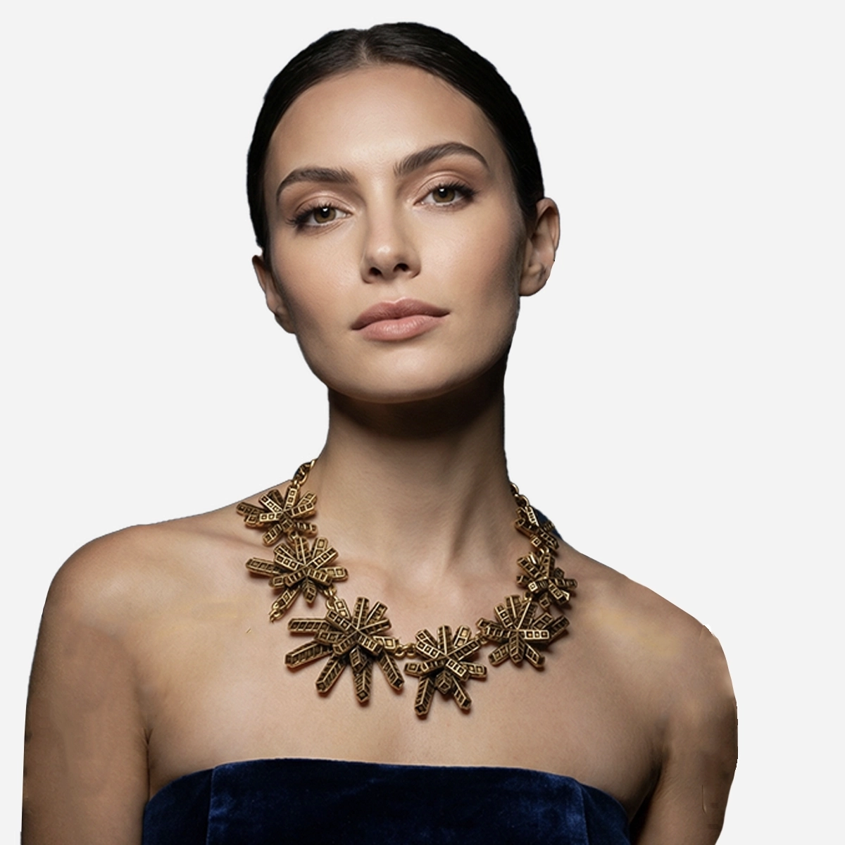 Gold Oscar de la renta necklace on model Gold Oscar de la renta necklace on model