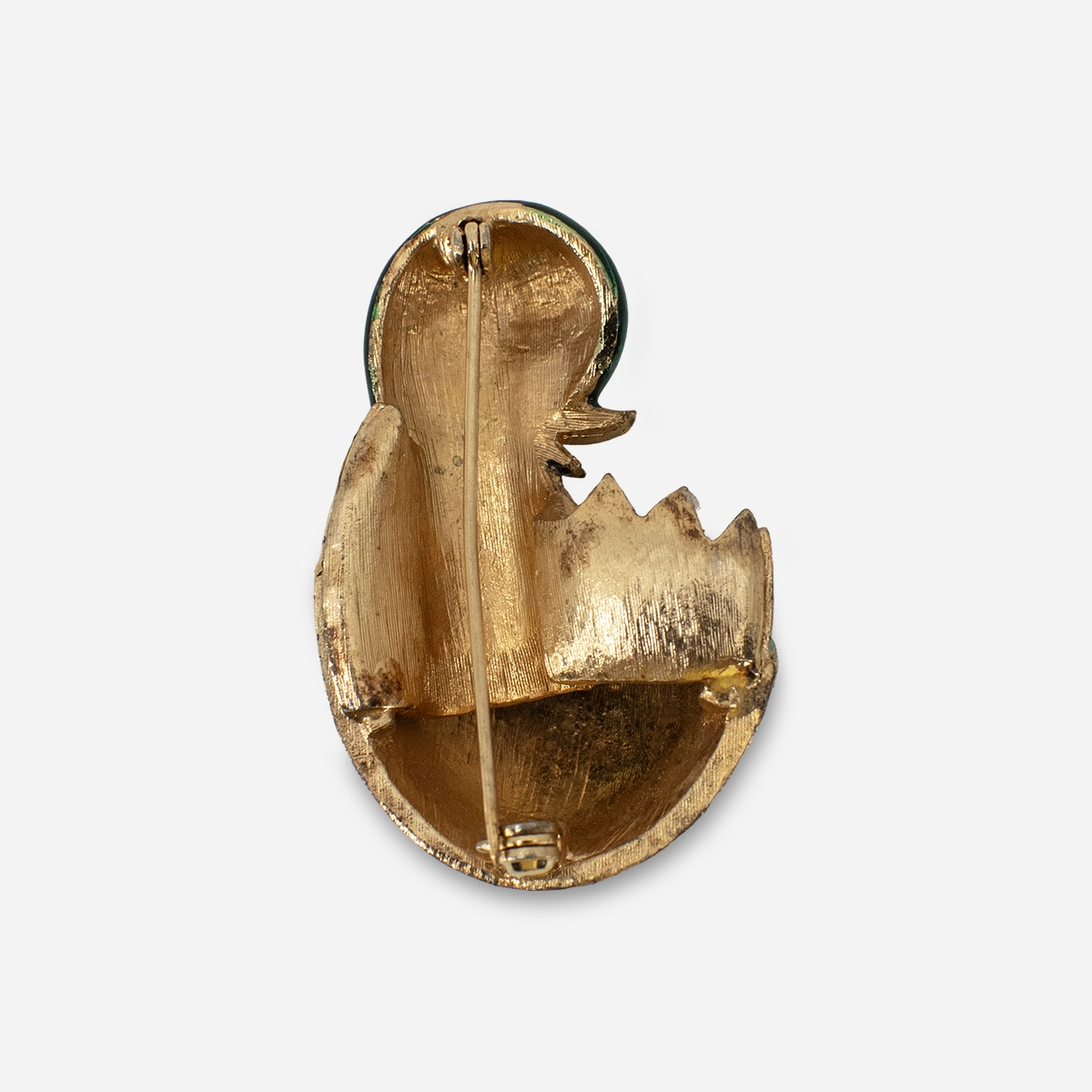 Vintage hatching chick pin with enamel egg shell. Gold tone back