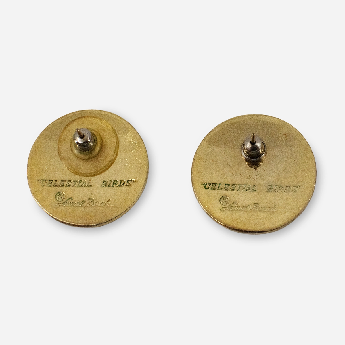 Laurel Burch Celestial Birds earrings back showing hallmark.