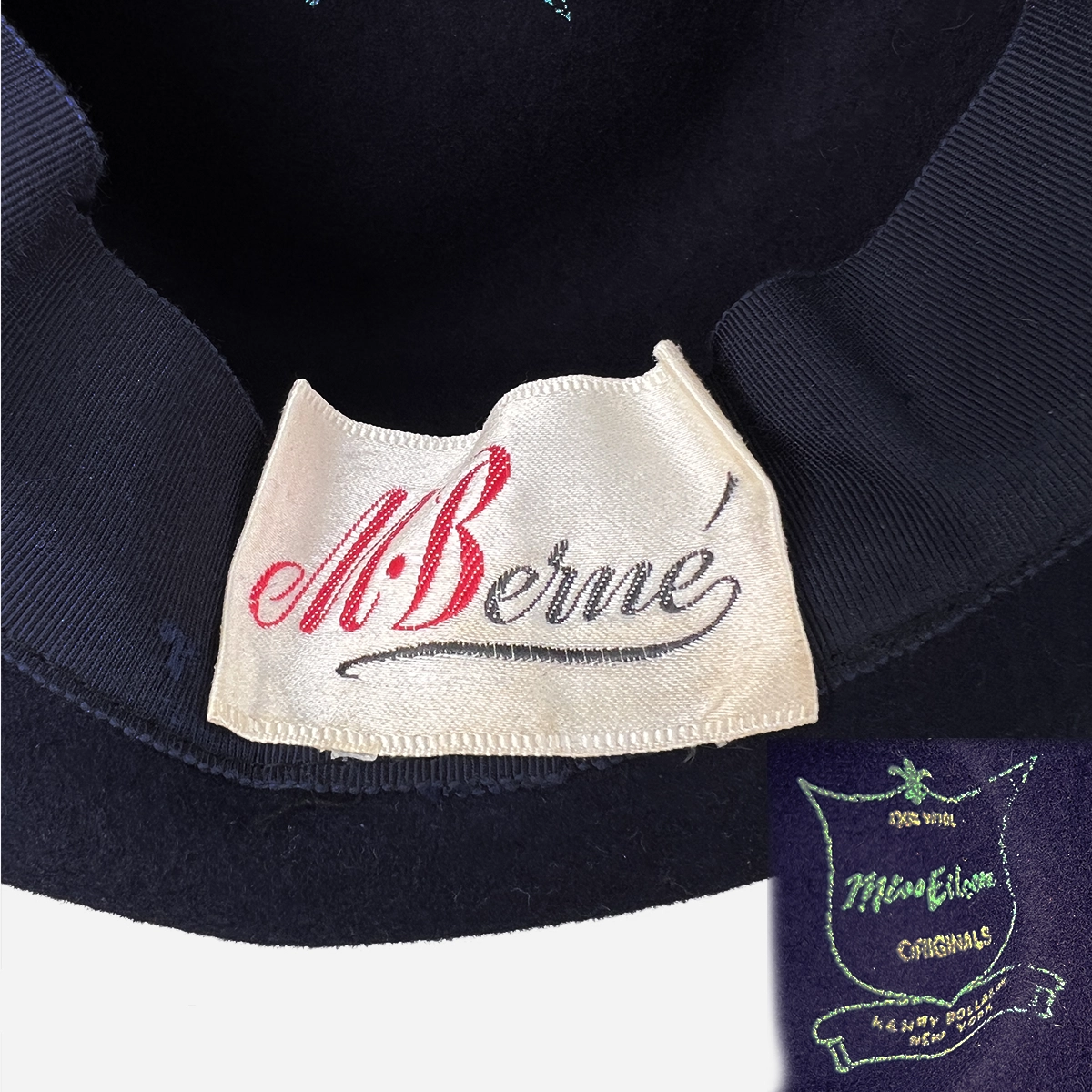 M. Berne millinery label, Miss Eileen Henry Pollack felt inside 1960s Breton hat.