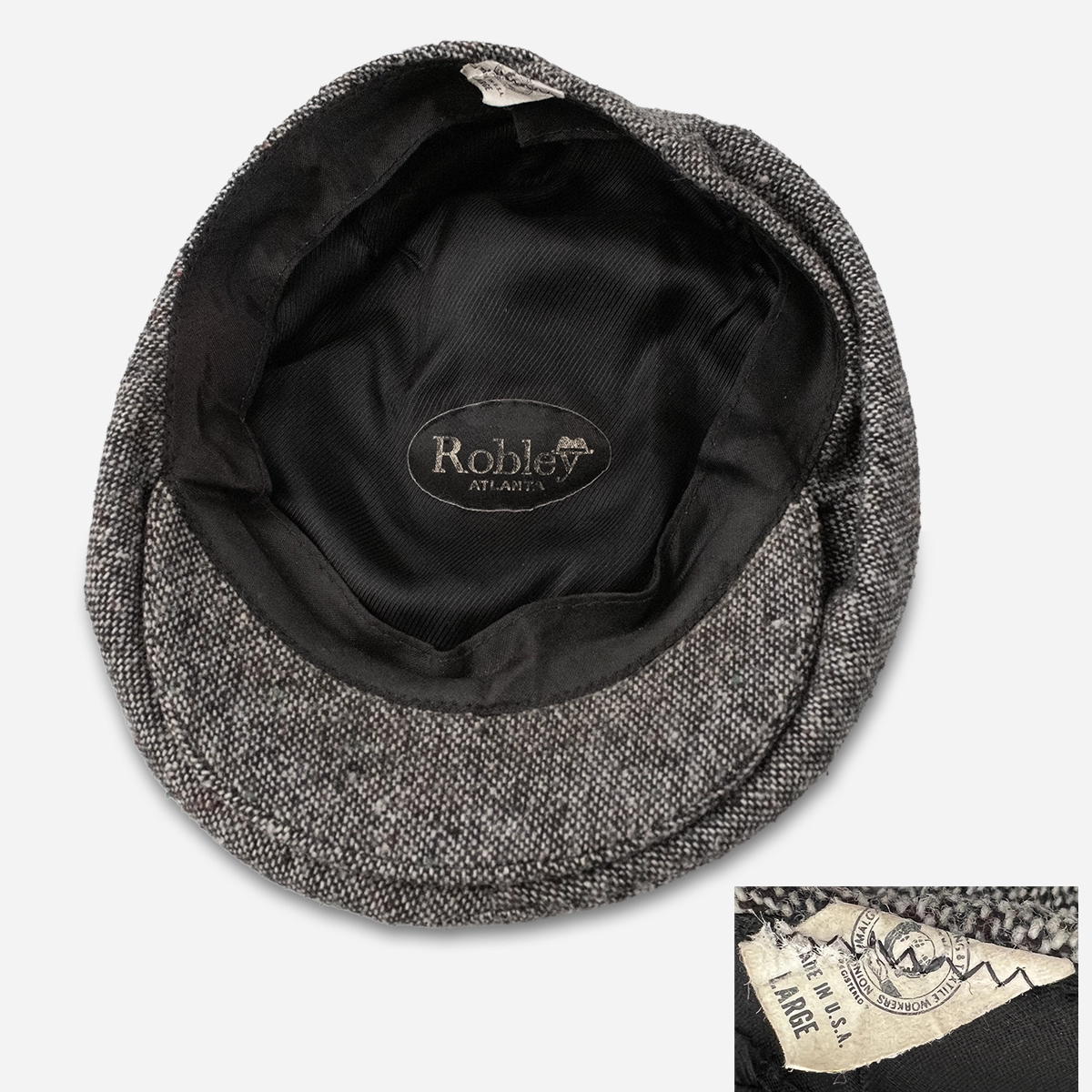 robley atlanta union made flat cap interior vintage mens gray tweed cap label detail