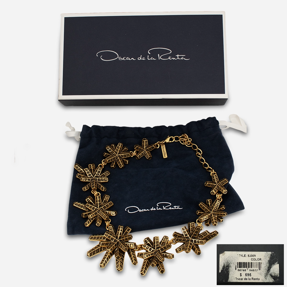 vintage gold oscar de la renta starburst necklace box Oscar de la Renta floral starburst necklace with original box and pouch