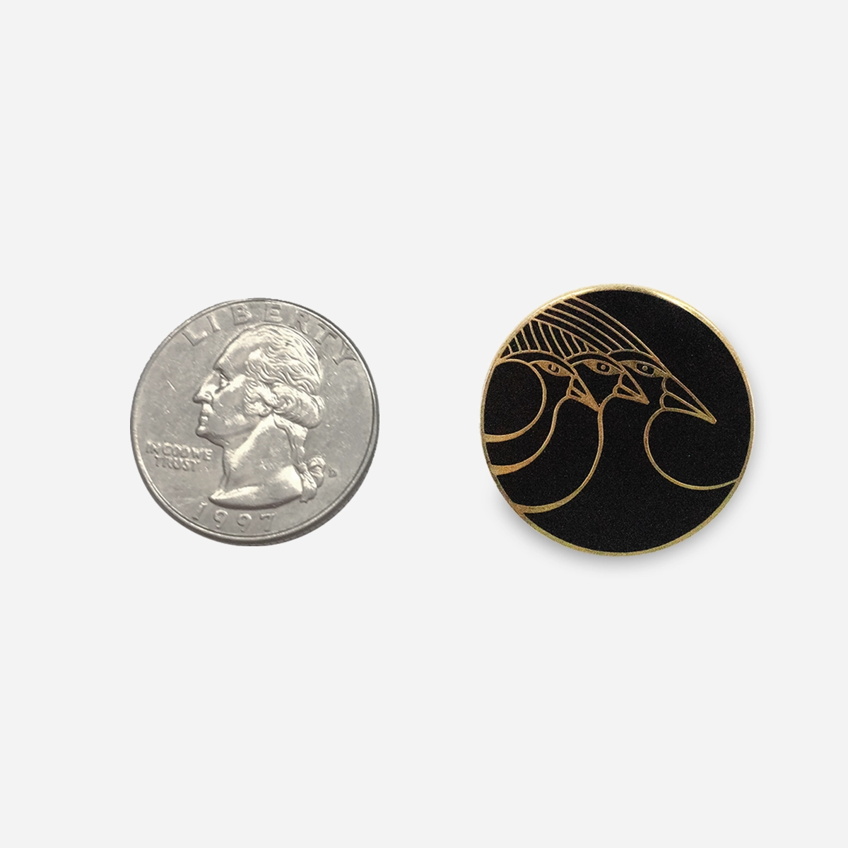 Laurel Burch celestial birds earrings size comparison with quarter.