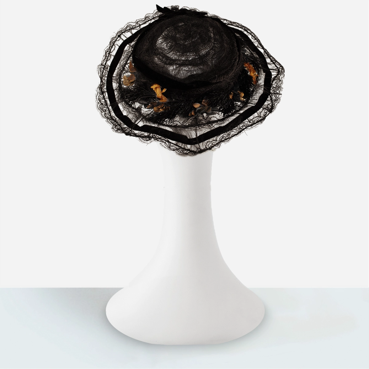 rear view of Edwardian picture hat showing wide brim and floral accents.