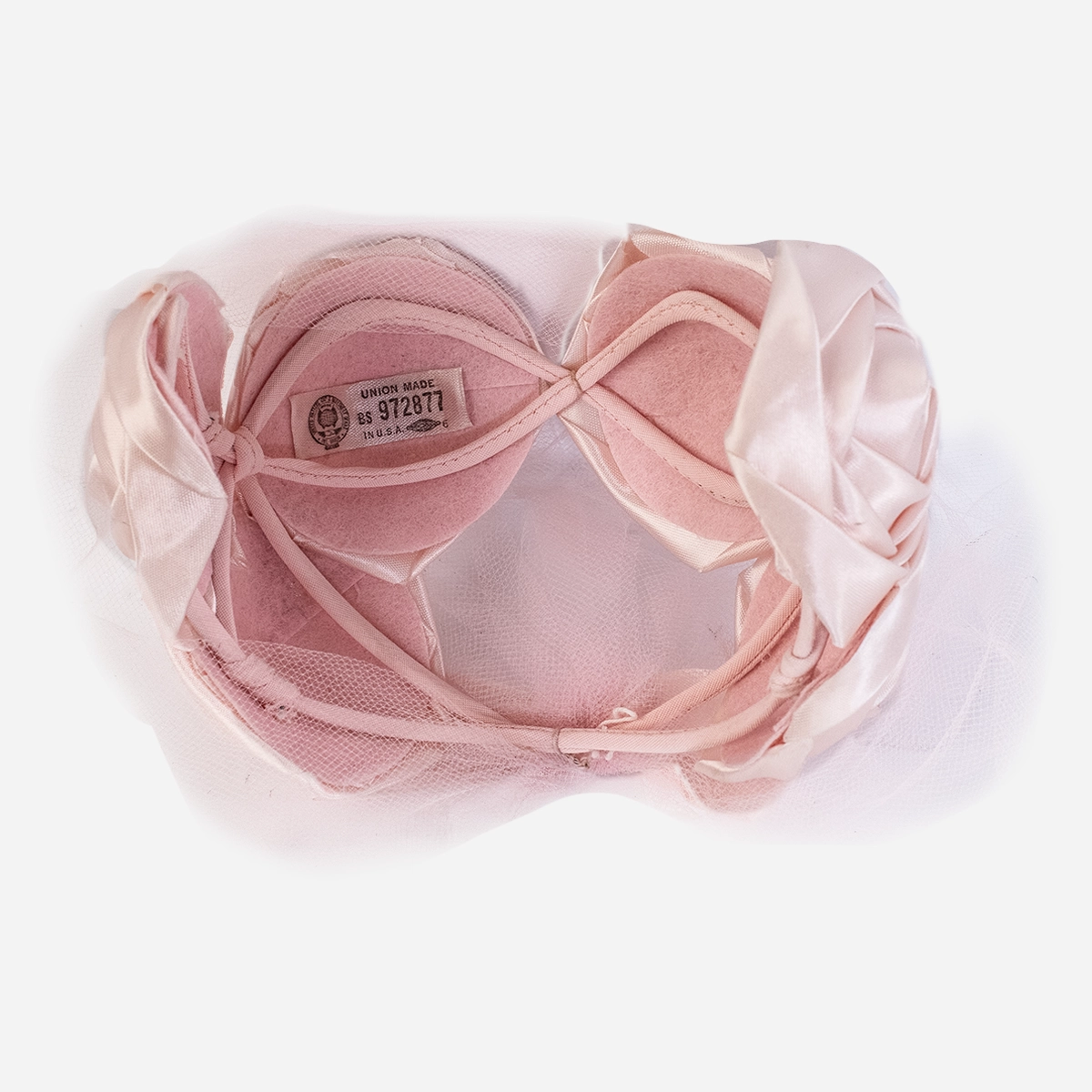 Vintage pink silk rose half hat interior union label detail