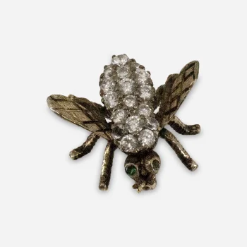 Vintage rhinestone fly brooch gold tone front view clear stones