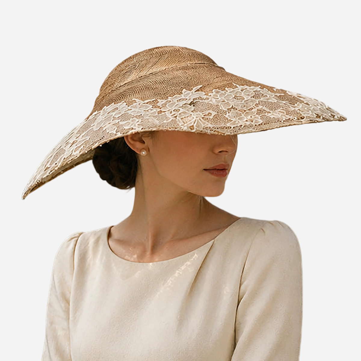 model wearing straw and lace cartwheel hat