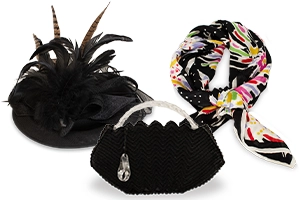 mother's day gift guide. Viintage feather hat, black handbag and scarf