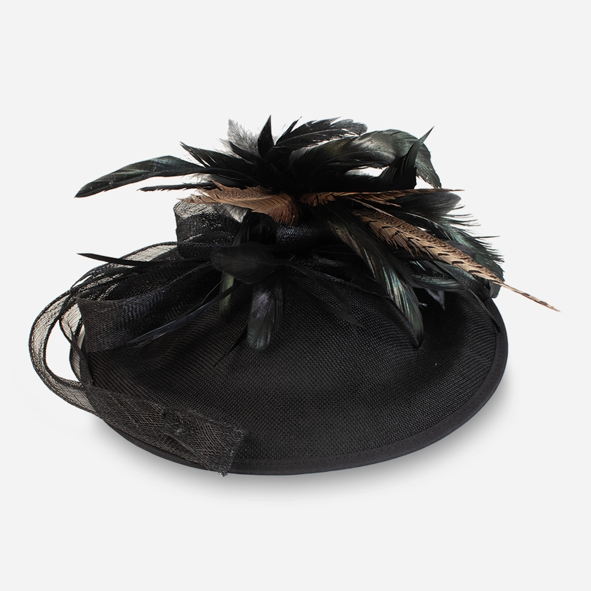 black sinamay tilt hat hackel and pheasant feather detail