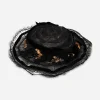 black edwardian floral hat Top view of black horsehair Edwardian hat with velvet ribbon trim.