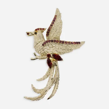 Dodds bird of paradise brooch red rhinestones gold tone
