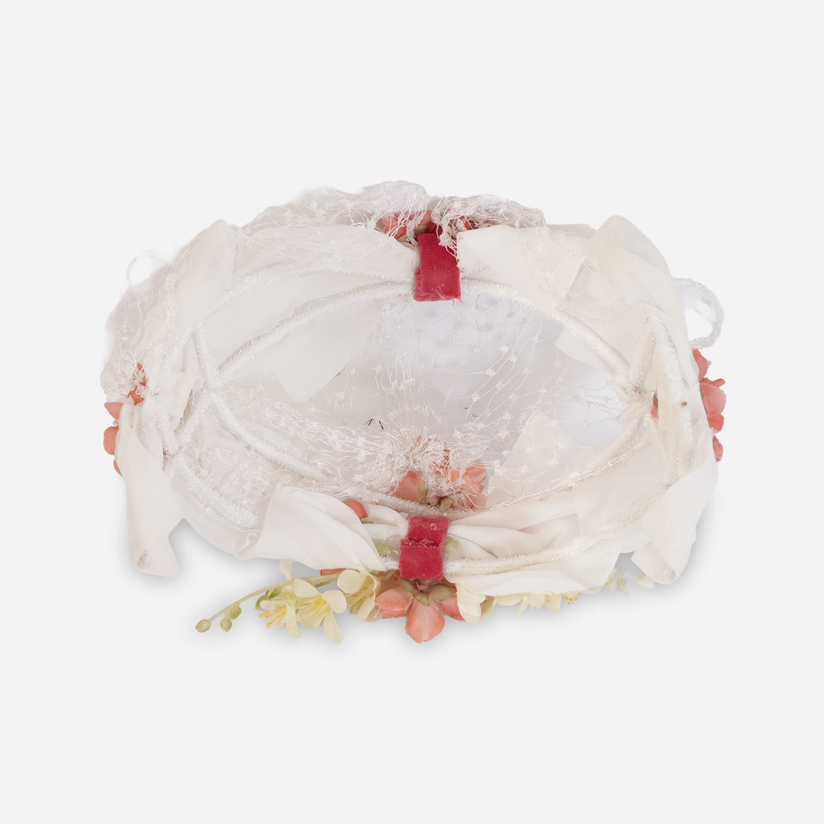 Interior view 1950s half hat showing wired structure and netting