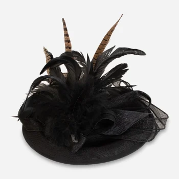 Black sinamay straw tilt hat with feathers
