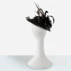 black sinamay tilt hat back view feather detail