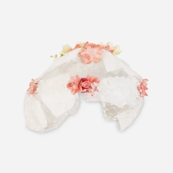 1950s white floral half hat with pink flowers and veil netting front view