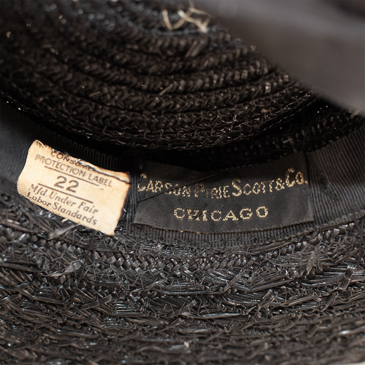 Carson Pirie Scott & Co. Chicago label inside 1930s black straw tilt hat.