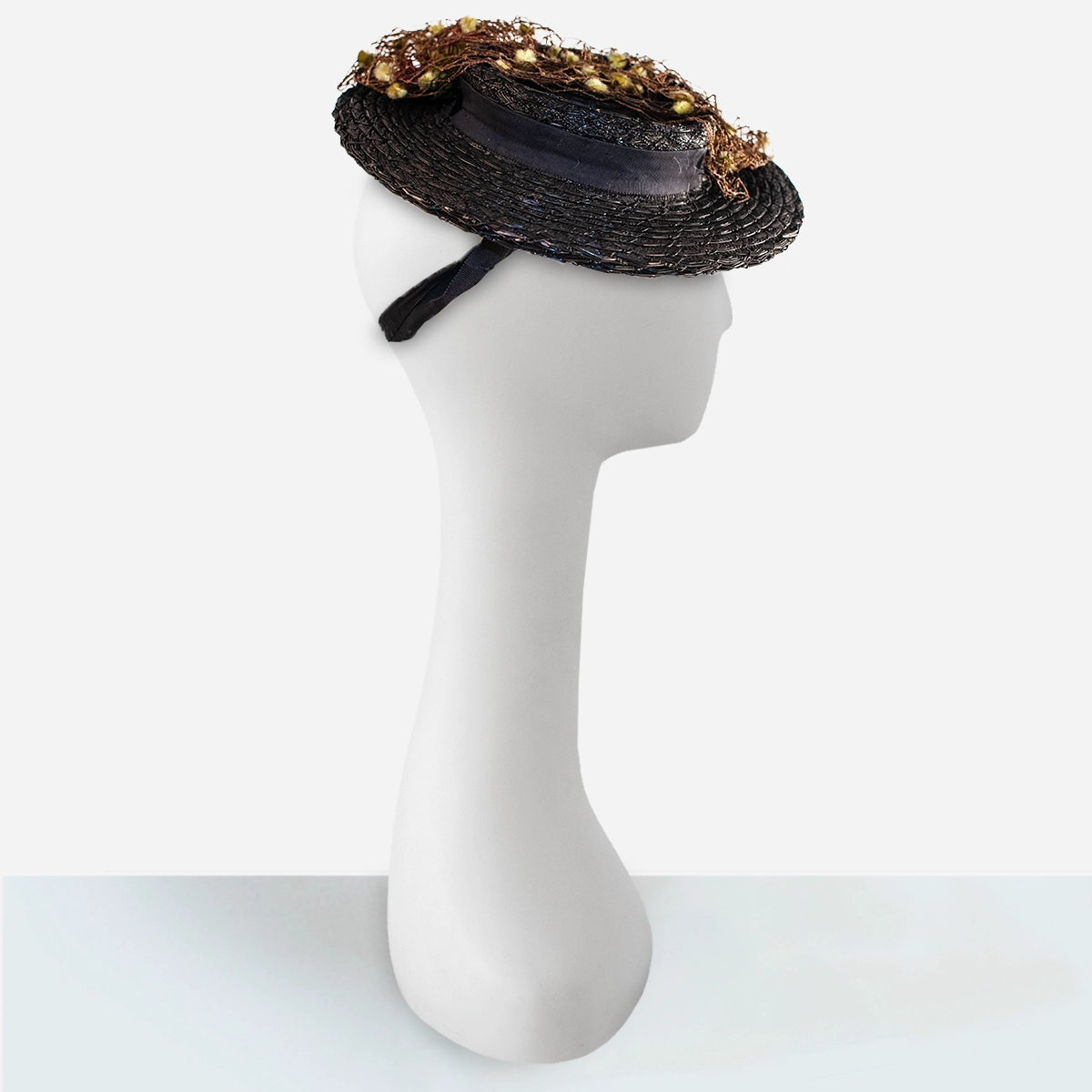 1930s Carson Pirie Scott black straw tilt hat with fuzzy floral veiling and red silk flower spray.