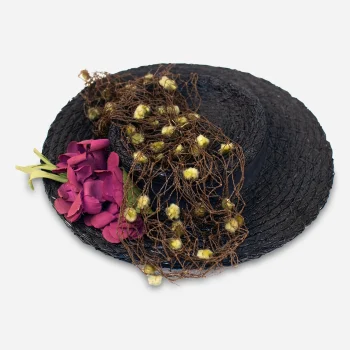 1930s black straw tilt hat by Carson Pirie Scott with layered brim design, fuzzy ball veiling, and red silk flowers.