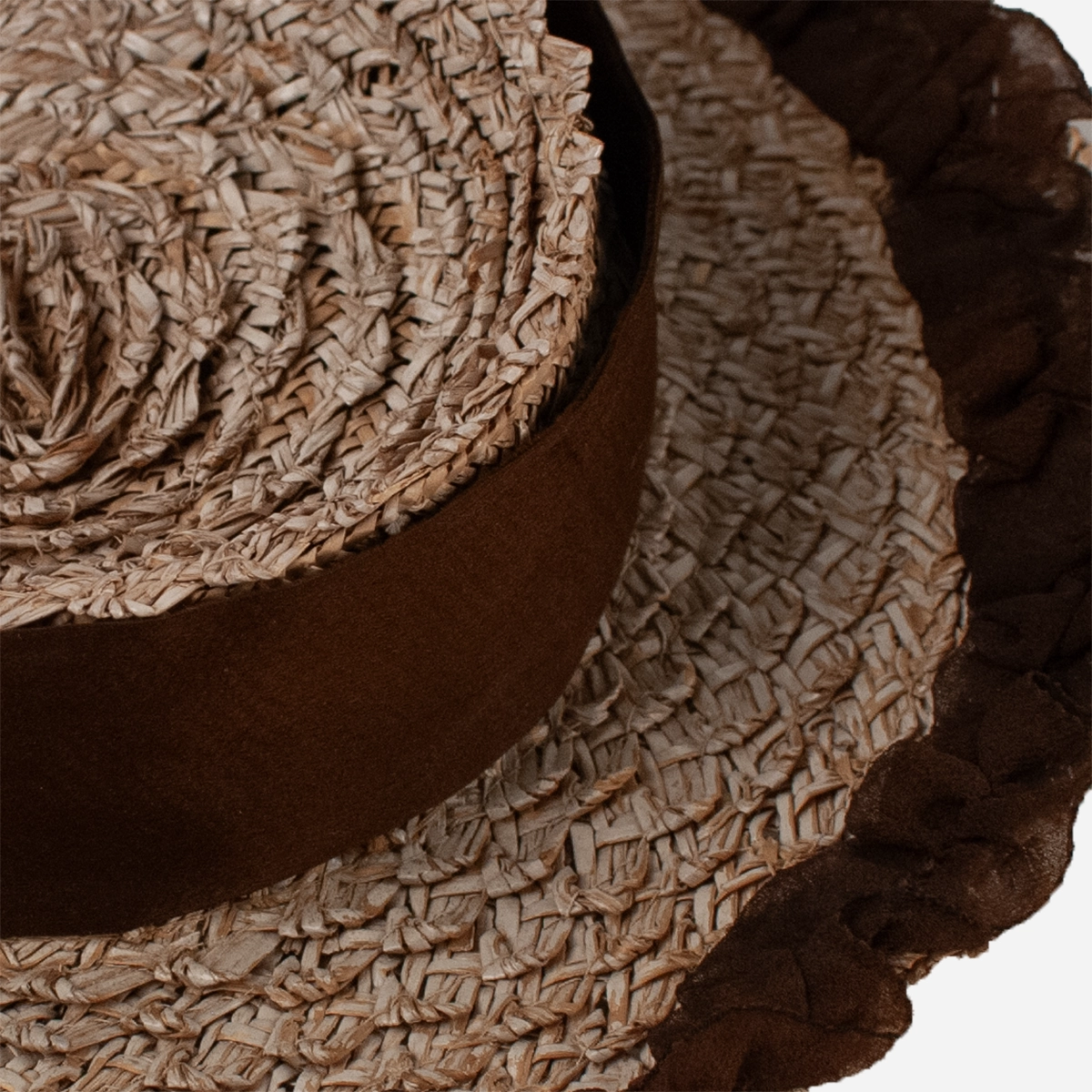 1930s hat straw detail straw hat detail with textured woven straw and brown silk detail.
