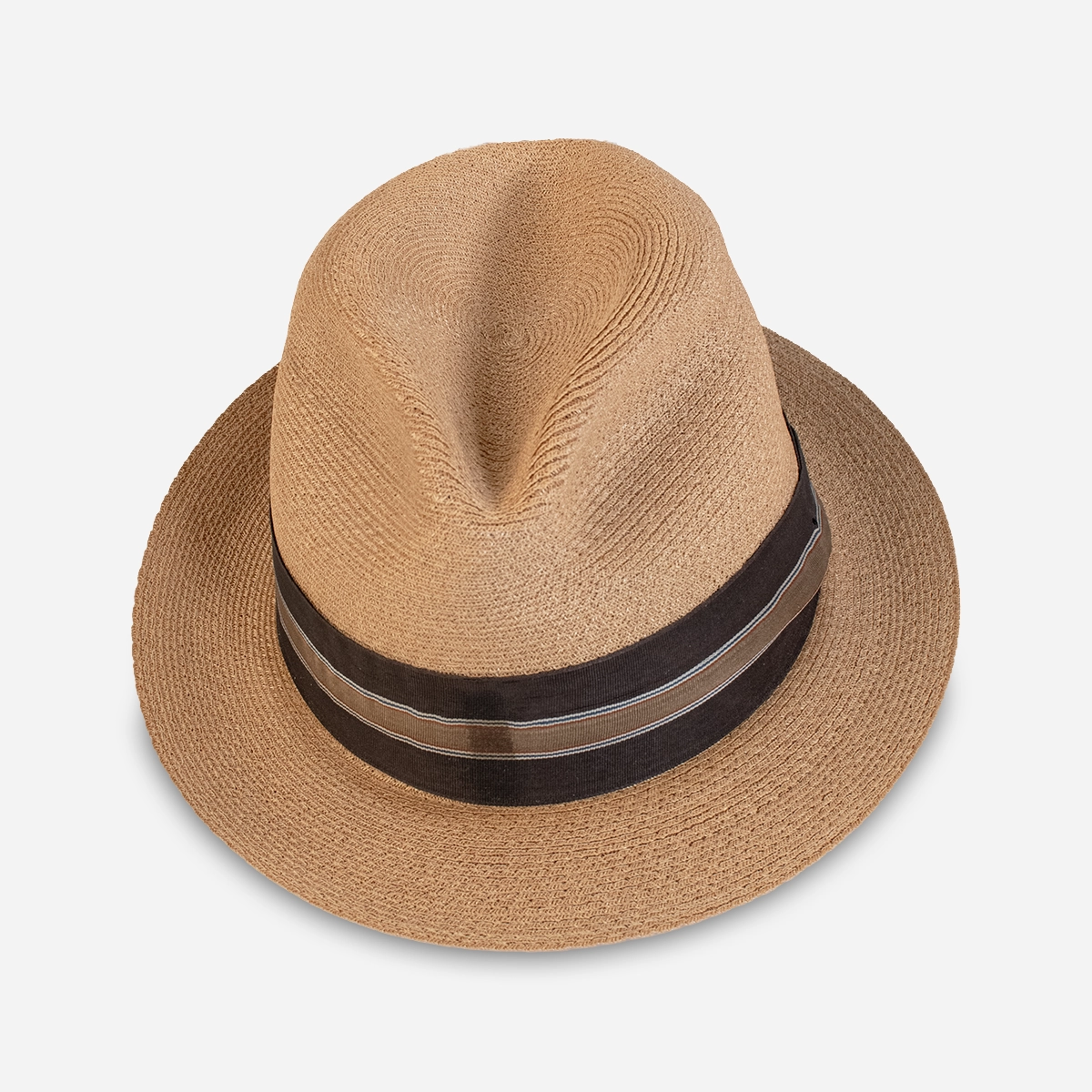 1950s Churchhill straw trilby 1950s tan woven straw trilby hat with striped ribbon hatband.