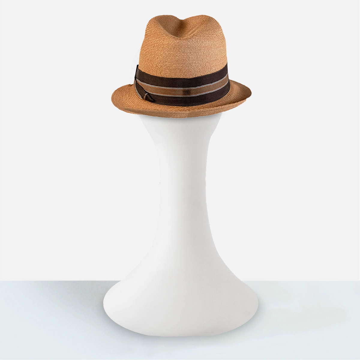 1950s mens straw hat Vintage men’s summer trilby hat by Churchill on mannequin head. rear view