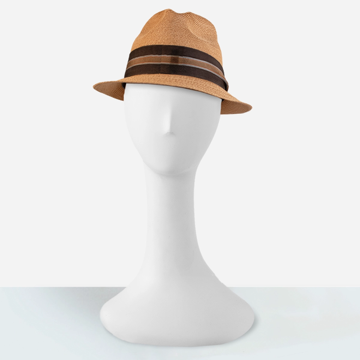 Front view Vintage men’s summer trilby hat by Churchill on mannequin head.