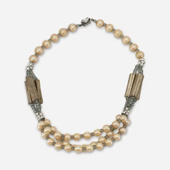 1950s faux pearl and Czech glass necklace with rhinestone rondelles and silvered cylinder beads.