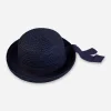 1960s navy blue straw roller hat with trailing ribbon trim front view