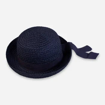 1960s navy blue straw roller hat with trailing ribbon trim front view