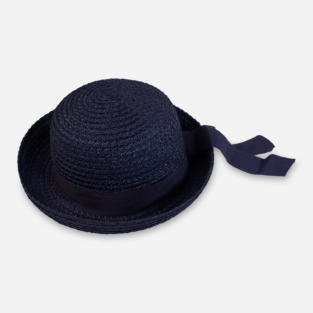 1960s navy blue straw roller hat with trailing ribbon trim front view 1960s navy blue straw roller hat with trailing ribbon trim front view